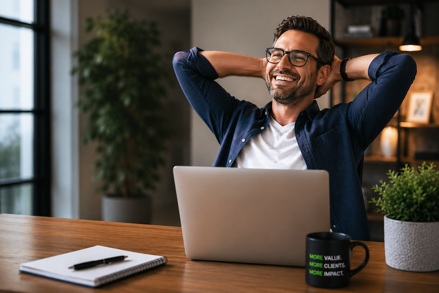 Happy ProfitMax agent relaxing while using the assessment tool